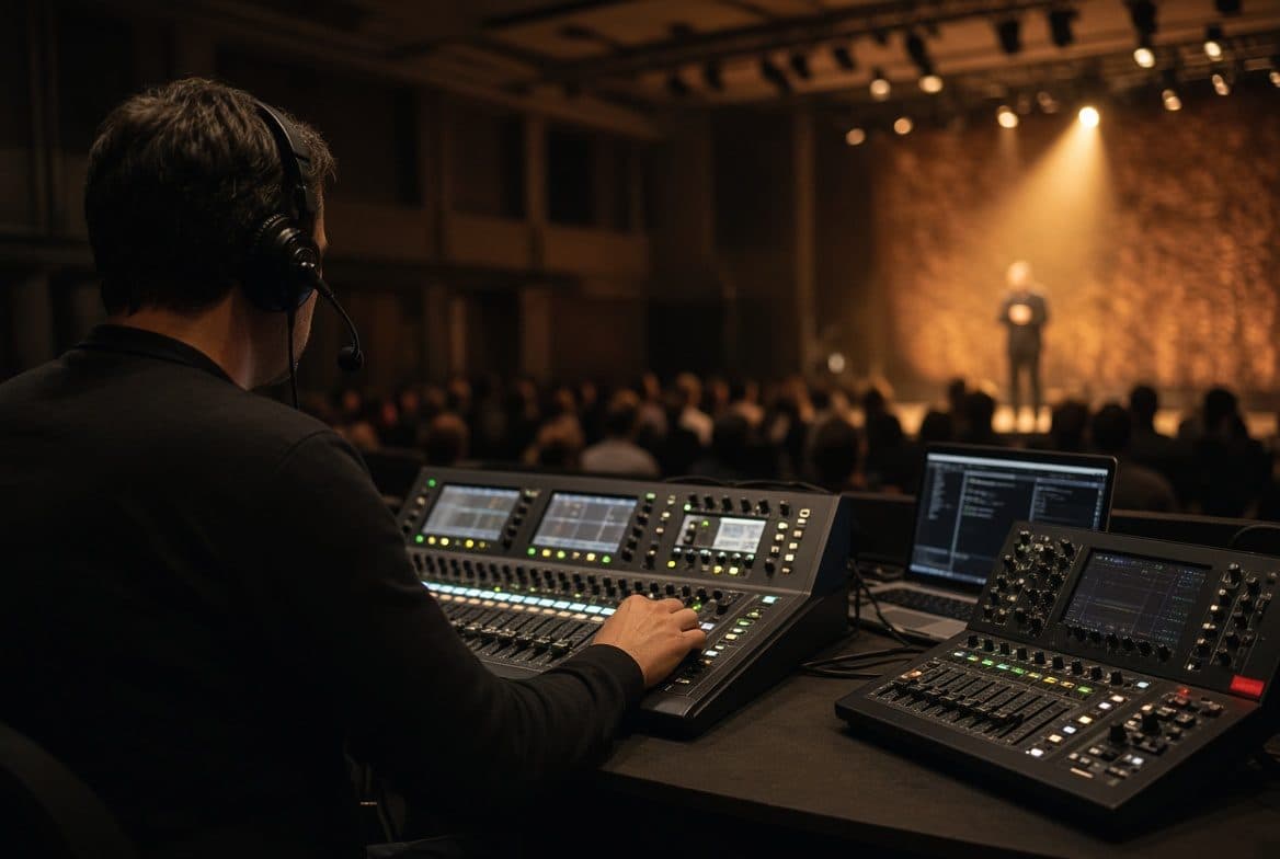 A sound technician running the mixing board during a corporate show