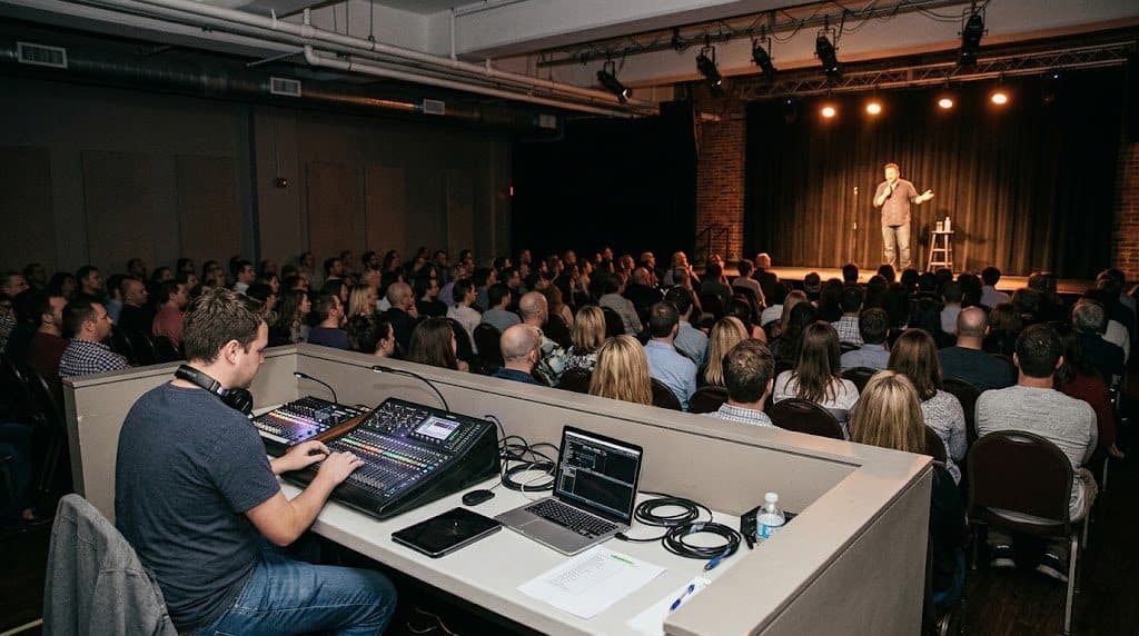 A comedian on stage in front of a full audience while a technician runs sound