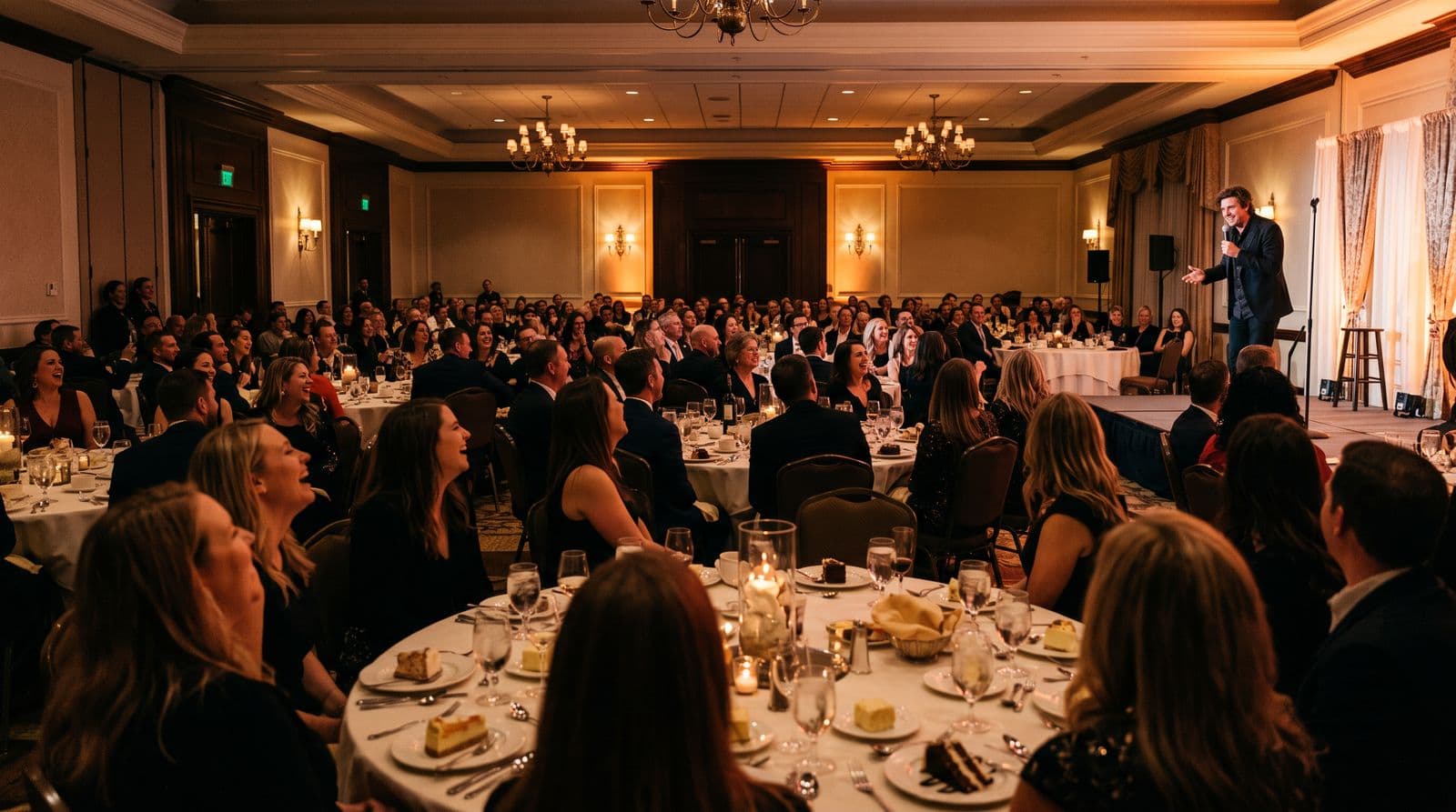 Guests at round banquet tables turned toward a comedian on a lit stage in a hotel ballroom